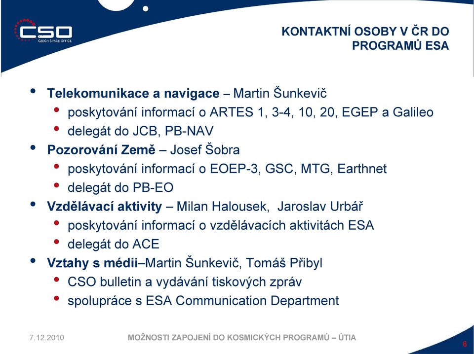 do PB-EO Vzdělávací aktivity Milan Halousek, Jaroslav Urbář poskytování informací o vzdělávacích aktivitách ESA delegát do ACE