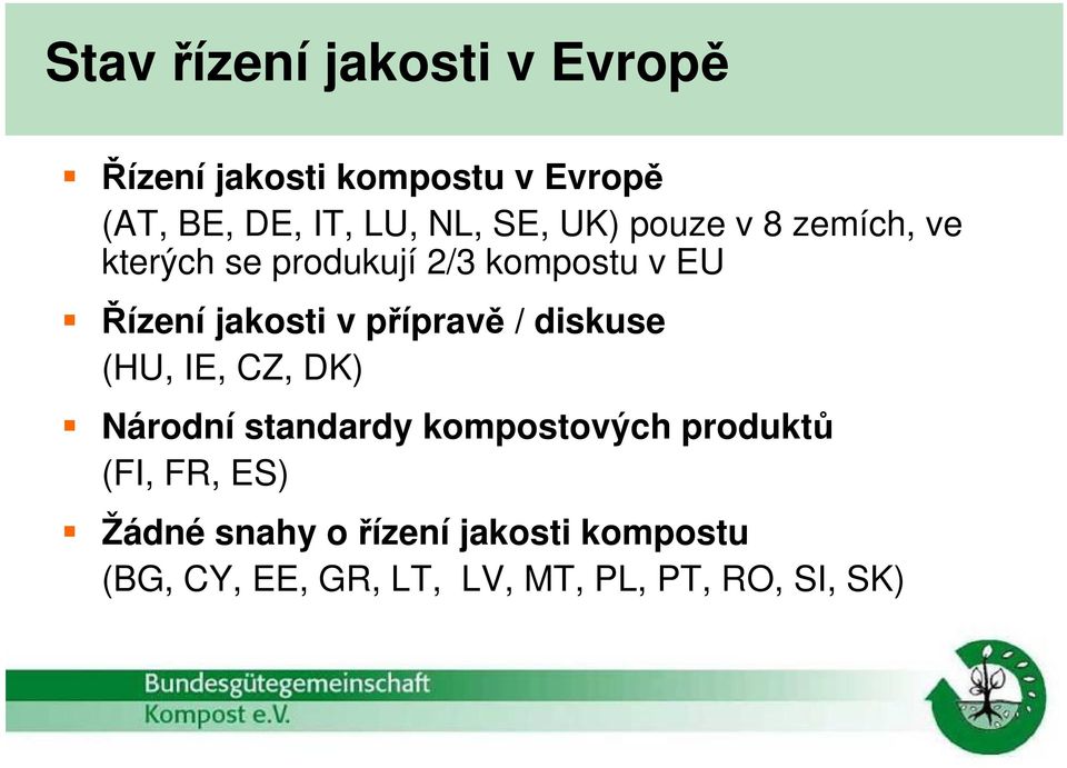 přípravě / diskuse (HU, IE, CZ, DK) Národní standardy kompostových produktů (FI, FR,