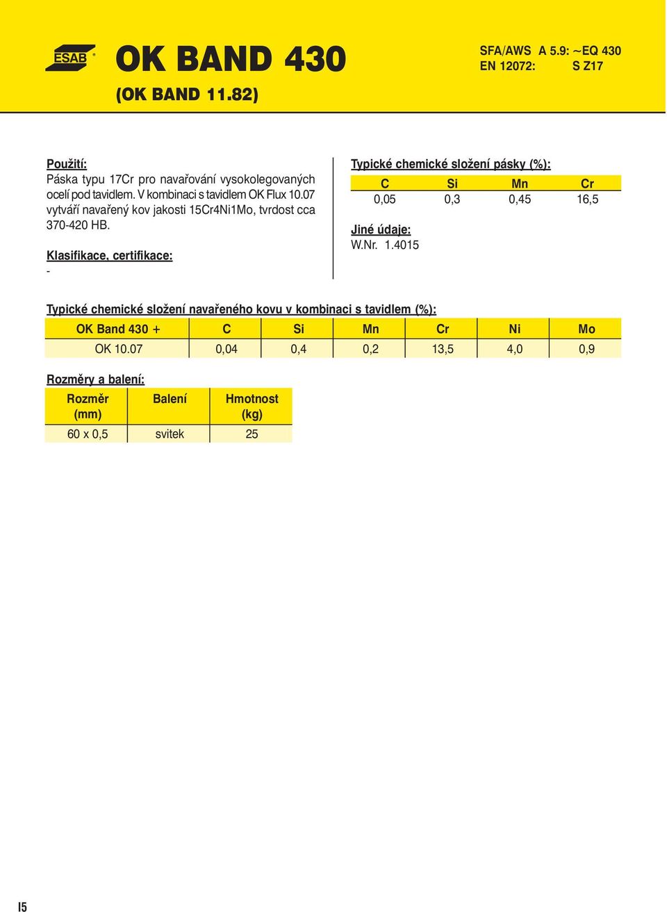 Klasifikace, certifikace: - Typické chemické složení pásky (%): C Si Mn Cr 0,05 0,3 0,45 16