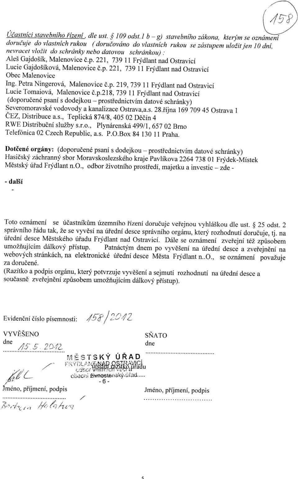 - Ales Gajdogik, Malenovice c.p. 221, 739 11 Frydlant nad Ostravici Lucie Gajdogikova, Malenovice c.p. 221, 739 11 Frydlant nad Ostravici Obec Malenovice Ing. Petra Ningerova, Malenovice c.p. 219, 739 11 Frydlant nad Ostravici Lucie Tomaiova, Malenovice 6.