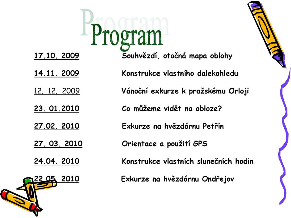 01.2010 Co můžeme vidět na obloze? 27.02. 2010 Exkurze na hvězdárnu Petřín 27. 03.