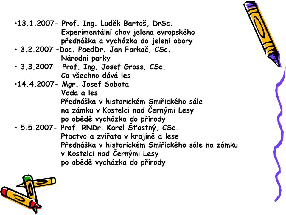 Josef Sobota Voda a les Přednáška v historickém Smiřického sále na zámku v Kostelci nad Černými Lesy po obědě vycházka do přírody 5.