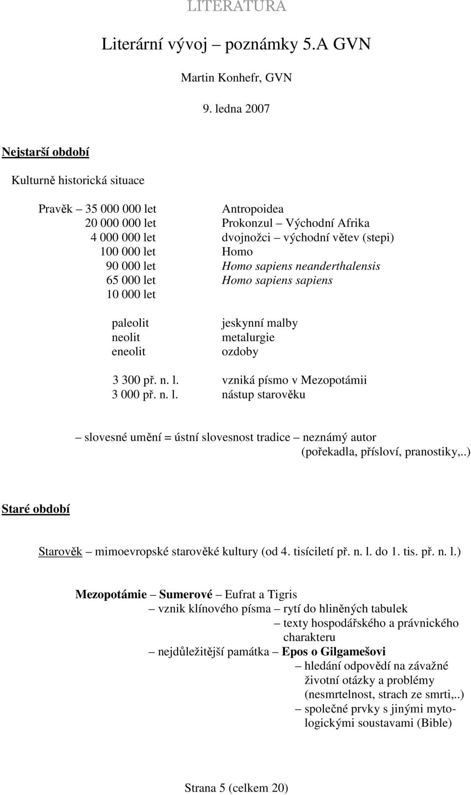 000 let Homo sapiens neanderthalensis 65 000 let Homo sapiens sapiens 10 000 let paleolit neolit eneolit jeskynní malby metalurgie ozdoby 3 300 př. n. l. vzniká písmo v Mezopotámii 3 000 př. n. l. nástup starověku slovesné umění = ústní slovesnost tradice neznámý autor (pořekadla, přísloví, pranostiky,.