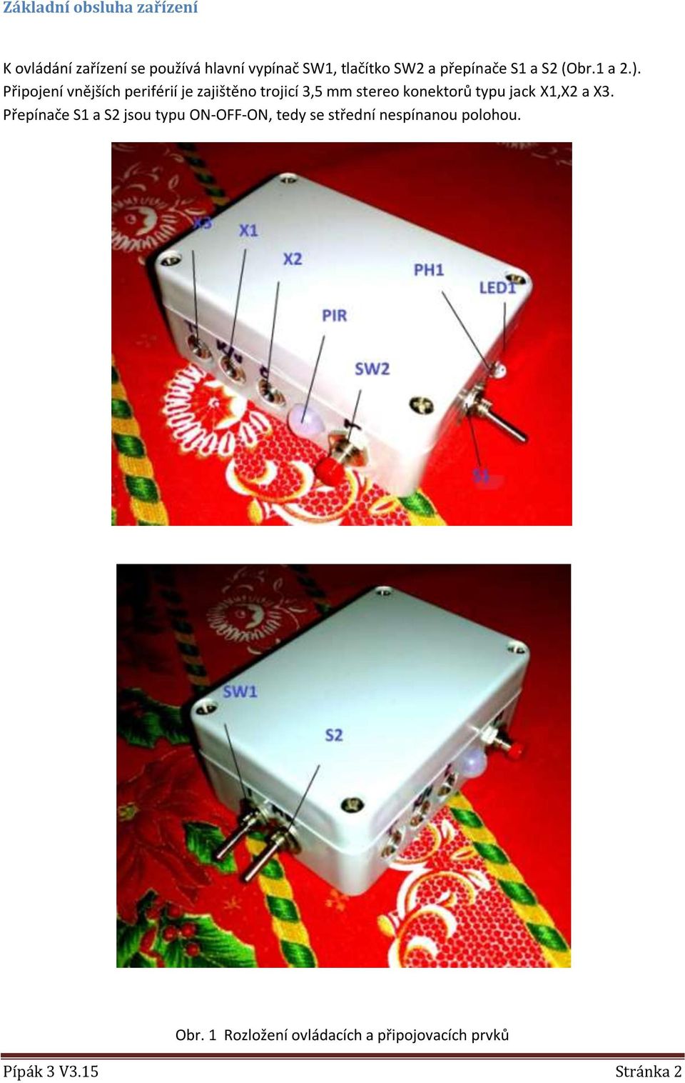 Připojení vnějších periférií je zajištěno trojicí 3,5 mm stereo konektorů typu jack X1,X2 a