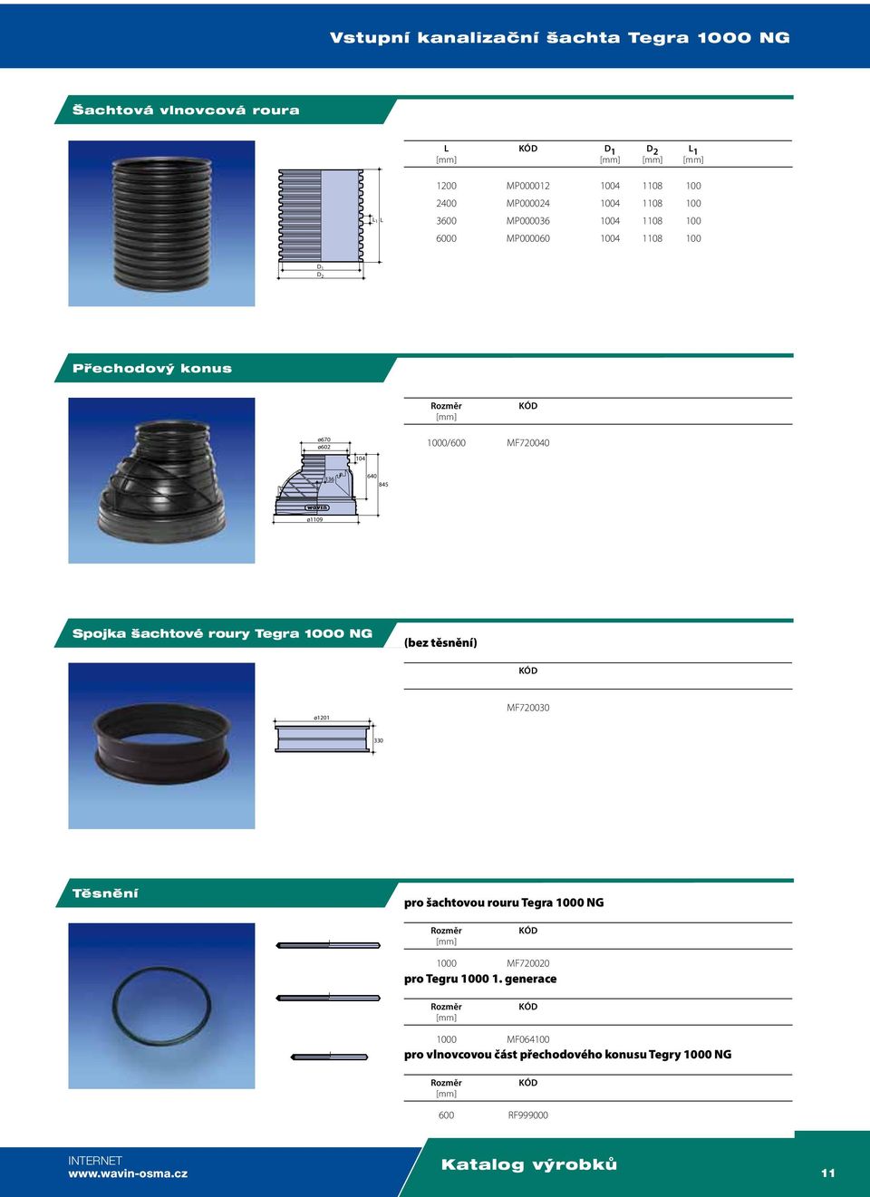 roury Tegra 1000 NG (bez těsnění) K kód ø1201 MF720030 330 Tûsnûní pro šachtovou rouru Tegra 1000 NG Rozměr [mm] kód 1000 MF720020 pro Tegru 1000
