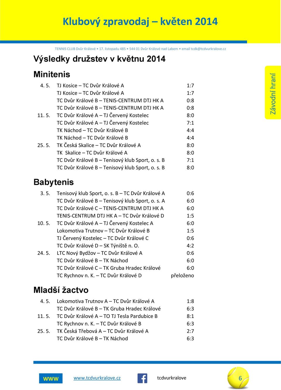 TJ Kosice TC Dvůr Králové A 1:7 TJ Kosice TC Dvůr Králové A 1:7 TC Dvůr Králové B TENIS-CENTRUM DTJ HK A 0:8 TC Dvůr Králové B TENIS-CENTRUM DTJ HK A 0:8 11. 5.