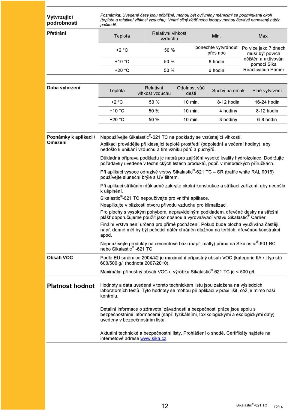 +2 C 50 % ponechte vytvrdnout přes noc +10 C 50 % 8 hodin +20 C 50 % 6 hodin Po více jako 7 dnech musí být povrch očištěn a aktivován pomocí Reactivation Primer Doba vytvrzení Teplota Relativní