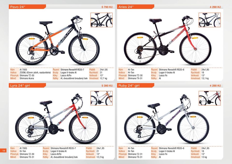 13 Hmotnost 13,1 kg Lyra 24" girl 5 390 Kč Ruby 24" girl 4 290 Kč 14 Přesmyk Shimano TZ-30 Měnič Shimano TX-31 Shimano Revoshift RS35-7 Logan V-brake Lasco /Fe, dvoustěnné broušený bok Pláště