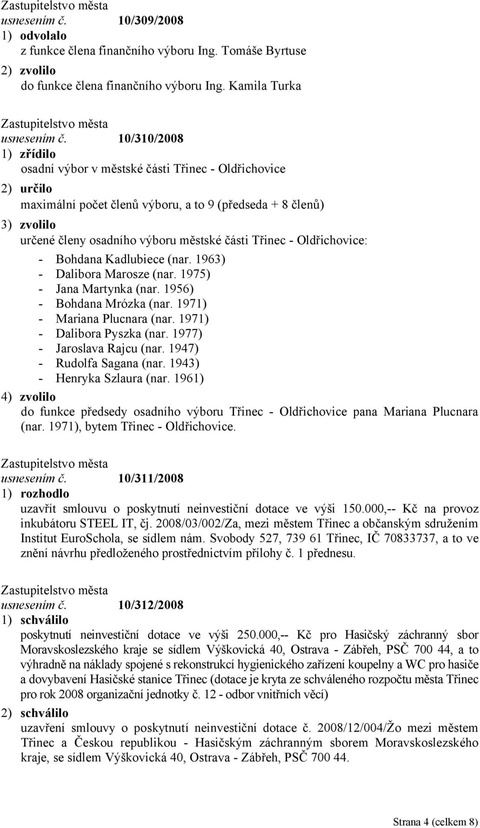 Třinec - Oldřichovice: - Bohdana Kadlubiece (nar. 1963) - Dalibora Marosze (nar. 1975) - Jana Martynka (nar. 1956) - Bohdana Mrózka (nar. 1971) - Mariana Plucnara (nar. 1971) - Dalibora Pyszka (nar.