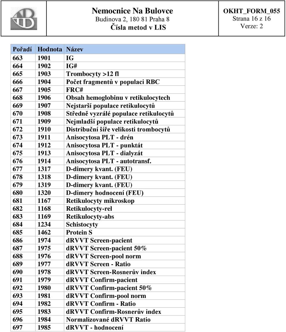 Anisocytosa PLT - punktát 675 1913 Anisocytosa PLT - dialyzát 676 1914 Anisocytosa PLT - autotransf. 677 1317 D-dimery kvant. (FEU) 678 1318 D-dimery kvant. (FEU) 679 1319 D-dimery kvant.