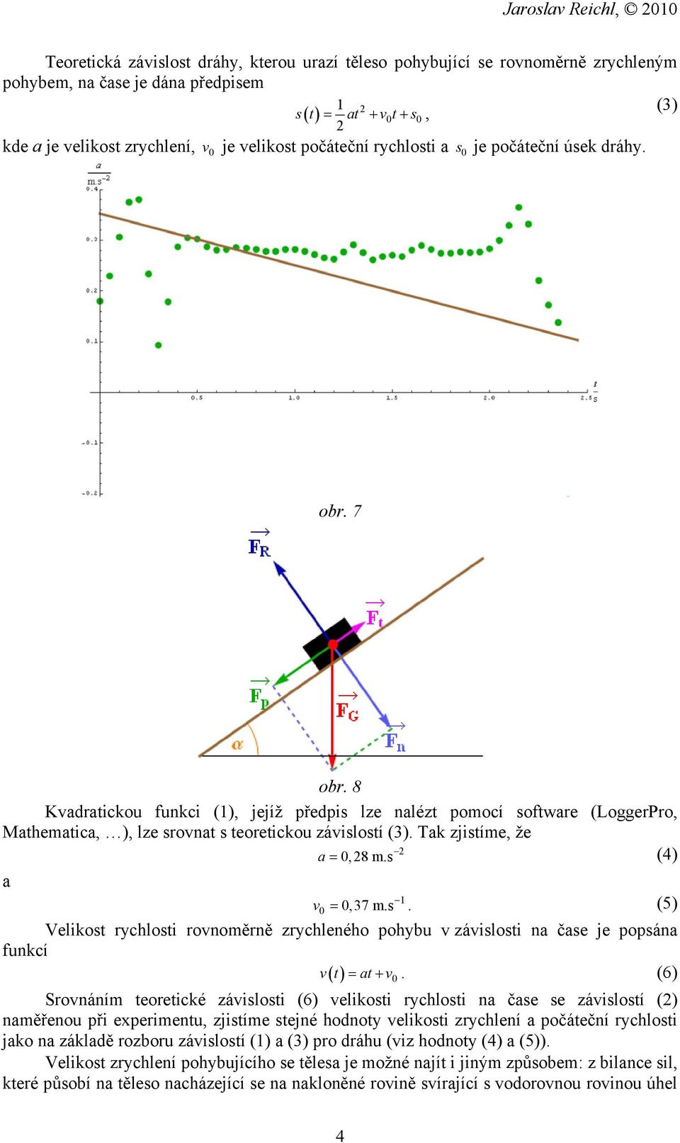 8 Kvadratickou funkci (1), jejíž předpis lze nalézt pomocí software (LoggerPro, Mathematica, ), lze srovnat s teoretickou závislostí (3). Tak zjistíme, že a = 0, 8 m.s (4) a 1 =. (5) v 0 0,37 m.