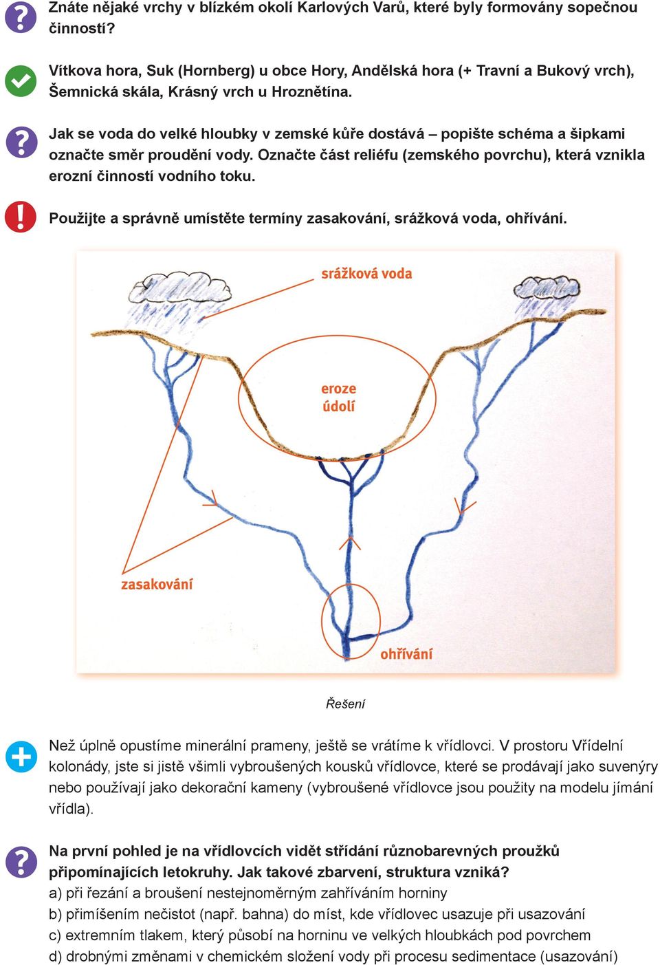 Jak se voda do velké hloubky v zemské kůře dostává popište schéma a šipkami označte směr proudění vody. Označte část reliéfu (zemského povrchu), která vznikla erozní činností vodního toku.