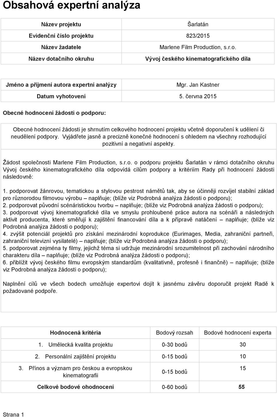 podporovat původní scénáristickou tvorbu naplňuje; (blíže viz Podrobná analýza žádosti o podporu); 3.