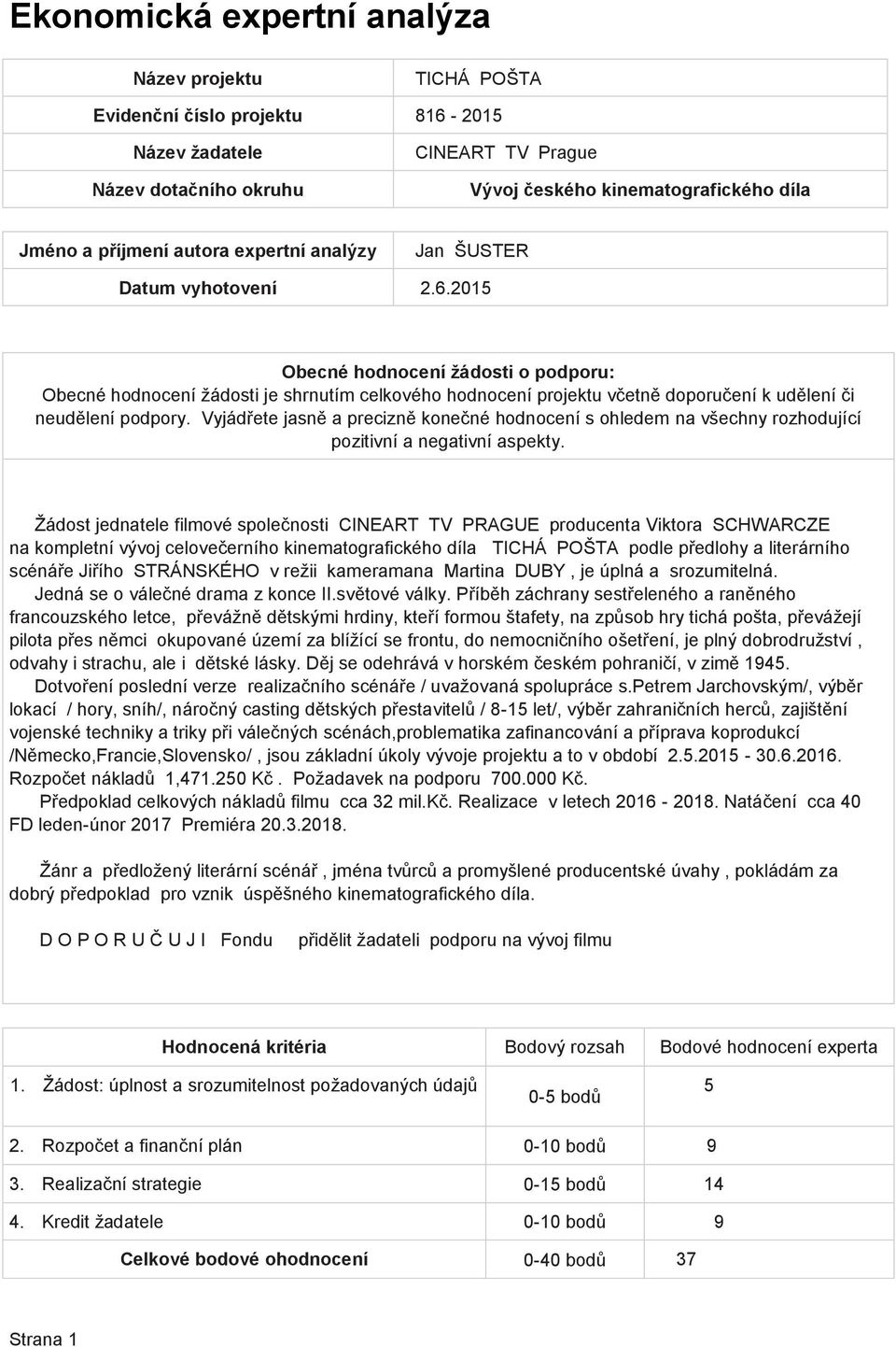2015 Žádost jednatele filmové společnosti CINEART TV PRAGUE producenta Viktora SCHWARCZE na kompletní vývoj celovečerního kinematografického díla TICHÁ POŠTA podle předlohy a literárního scénáře