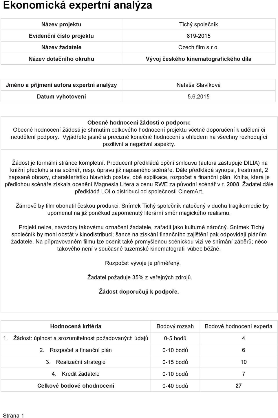 Dále předkládá synopsi, treatment, 2 napsané obrazy, charakteristiku hlavních postav, obě explikace, rozpočet a finanční plán.