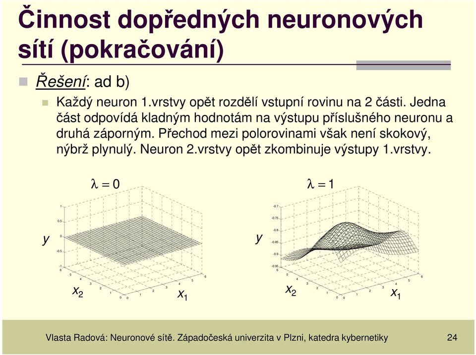 Jedna část odpovídá kladným hodnotám na výstupu příslušného neuronu a druhá záporným.