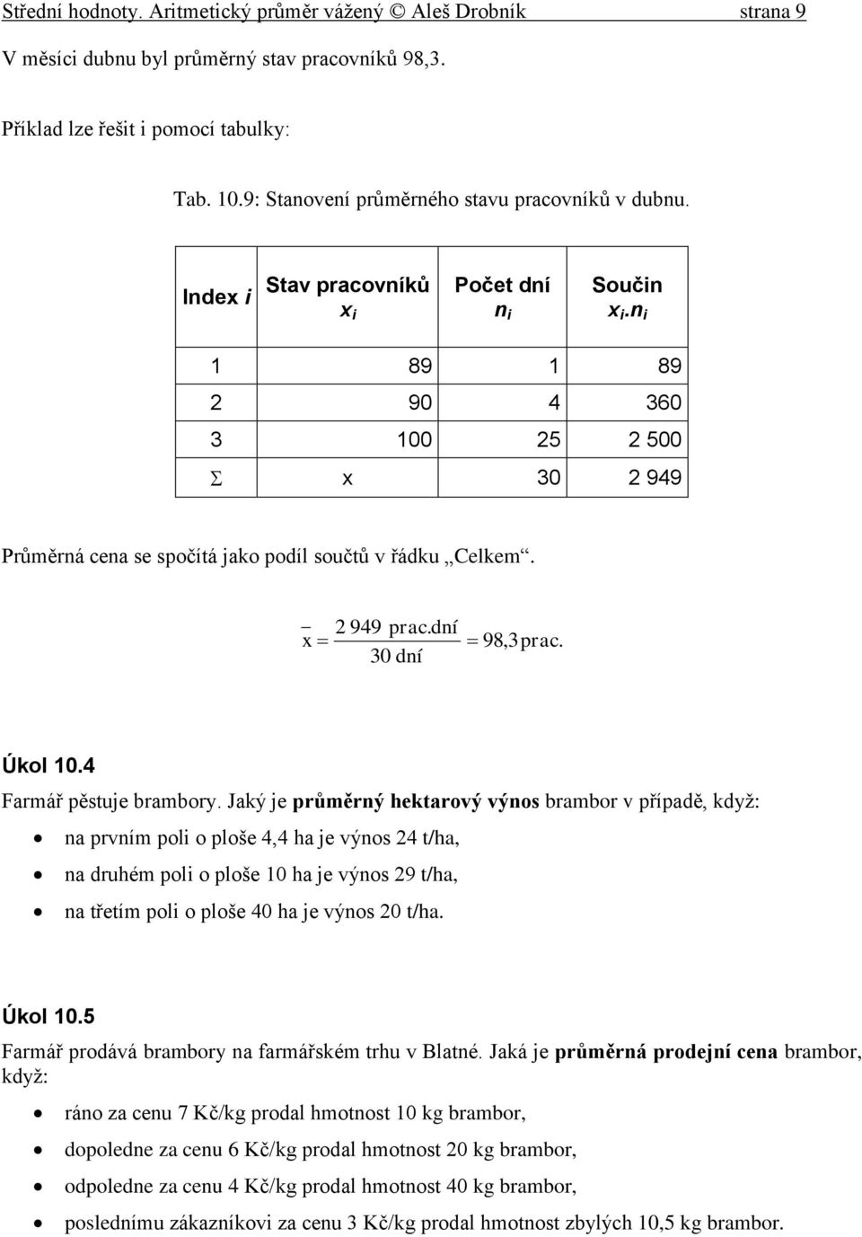 případě, dyž: a prvím pol o ploše 4,4 ha je výos 4 t/ha, a druhém pol o ploše 0 ha je výos 9 t/ha, a třetím pol o ploše 40 ha je výos 0 t/ha Úol 05 Farmář prodává brambory a farmářsém trhu v Blaté