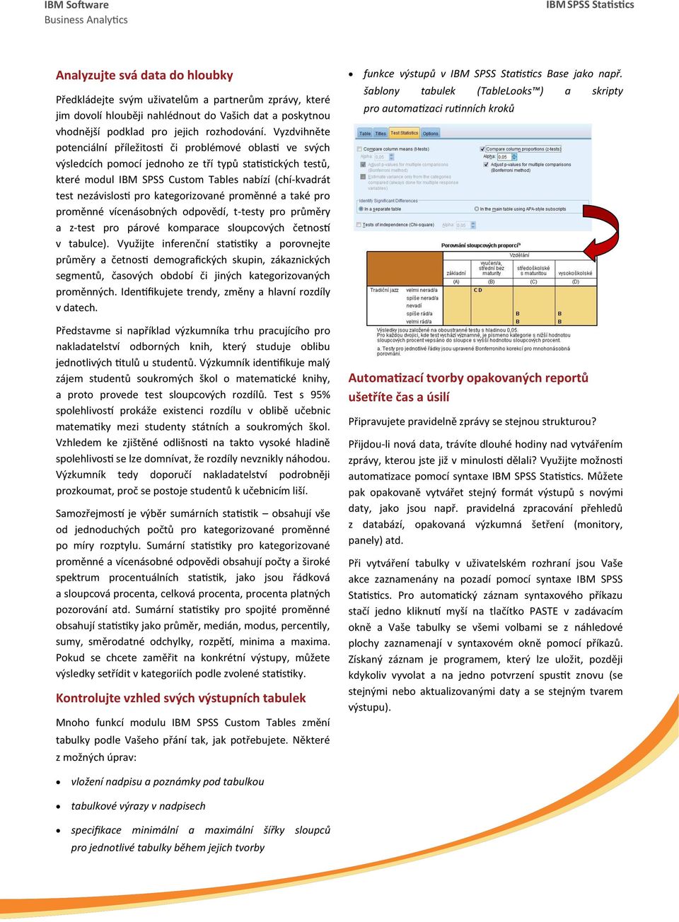 pro kategorizované proměnné a také pro proměnné vícenásobných odpovědí, t-testy pro průměry a z-test pro párové komparace sloupcových četností v tabulce).