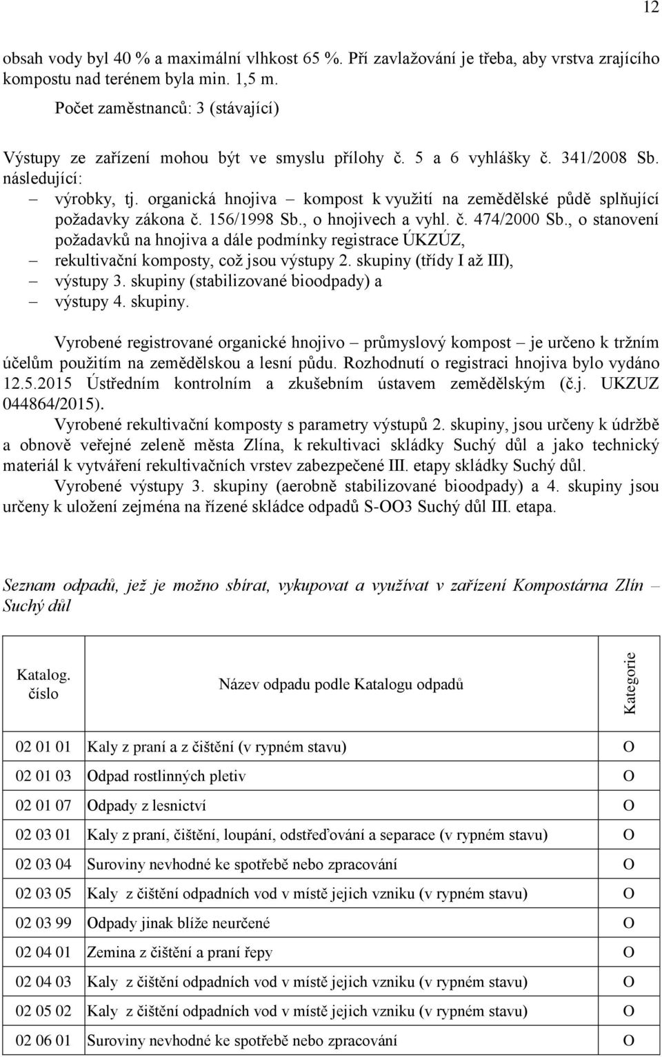 organická hnojiva kompost k využití na zemědělské půdě splňující požadavky zákona č. 156/1998 Sb., o hnojivech a vyhl. č. 474/2000 Sb.