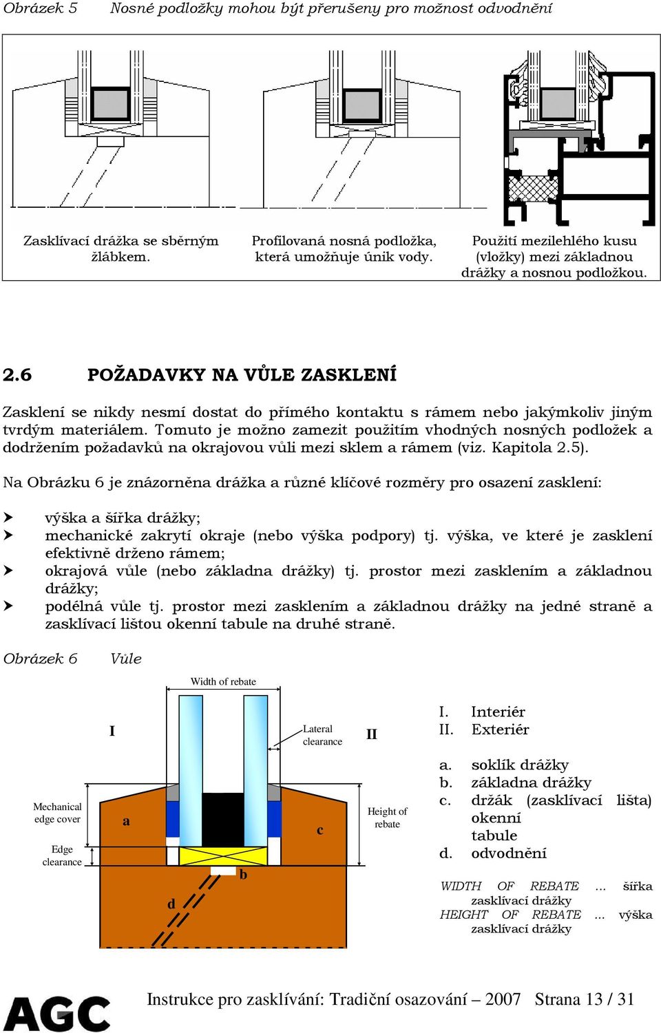 6 POŽADAVKY NA VŮLE ZASKLENÍ Zasklení se nikdy nesmí dostat do přímého kontaktu s rámem nebo jakýmkoliv jiným tvrdým materiálem.