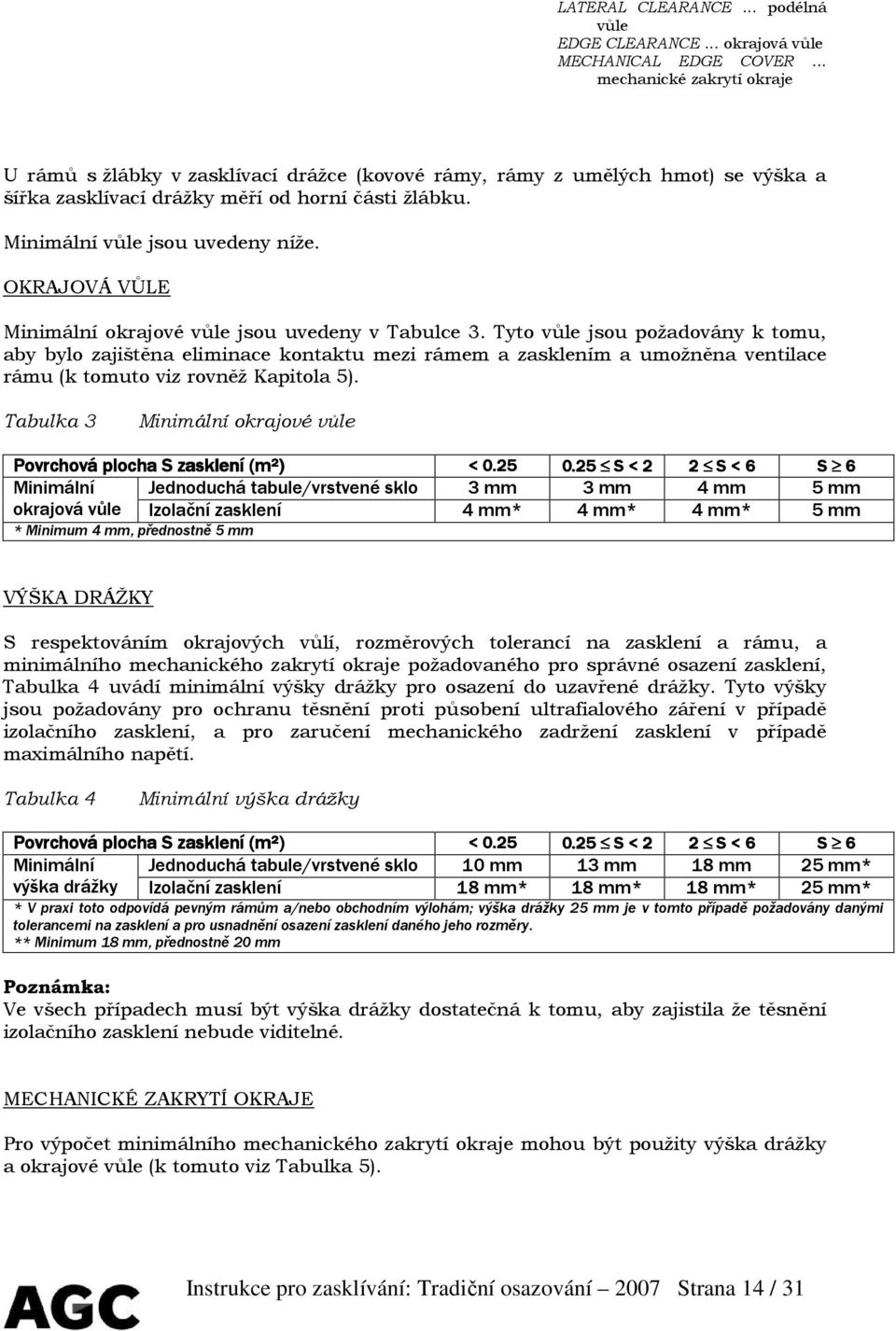 OKRAJOVÁ VŮLE Minimální okrajové vůle jsou uvedeny v Tabulce 3.