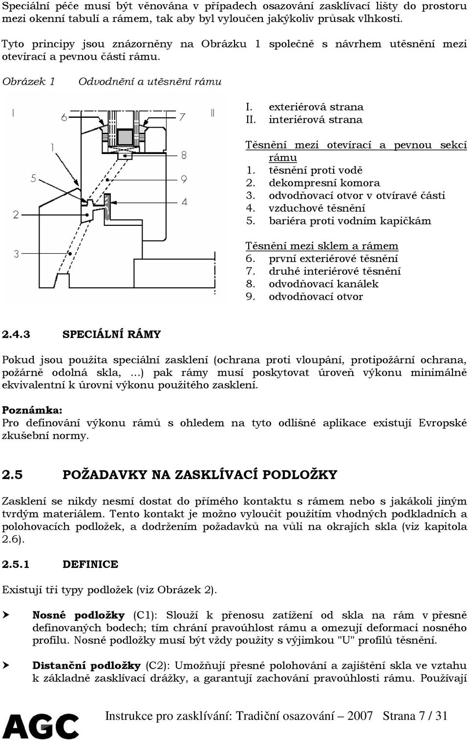 interiérová strana Těsnění mezi otevírací a pevnou sekcí rámu 1. těsnění proti vodě 2. dekompresní komora 3. odvodňovací otvor v otvíravé části 4. vzduchové těsnění 5.