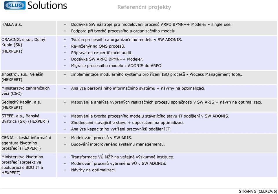 Příprava na re-certifikační audit. Dodávka SW ARPO BPMN++ Modeler. Migrace procesního modelu z ADONIS do ARPO. Implementace modulárního systému pro řízení ISO procesů - Process Management Tools.