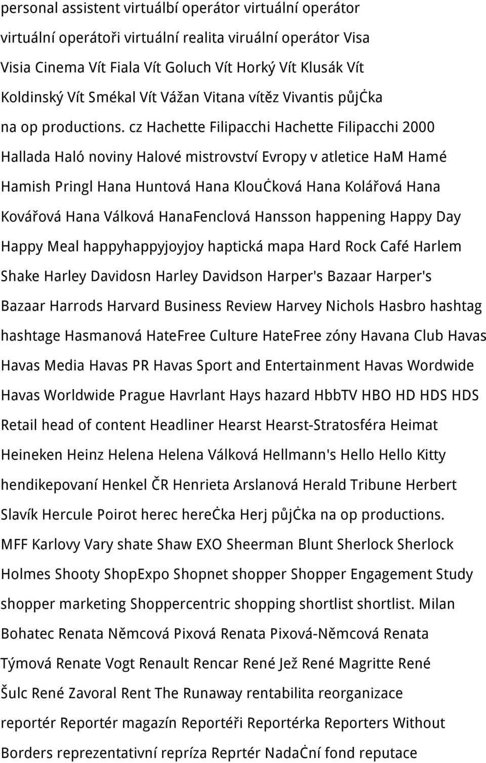 cz Hachette Filipacchi Hachette Filipacchi 2000 Hallada Haló noviny Halové mistrovství Evropy v atletice HaM Hamé Hamish Pringl Hana Huntová Hana Kloučková Hana Kolářová Hana Kovářová Hana Válková
