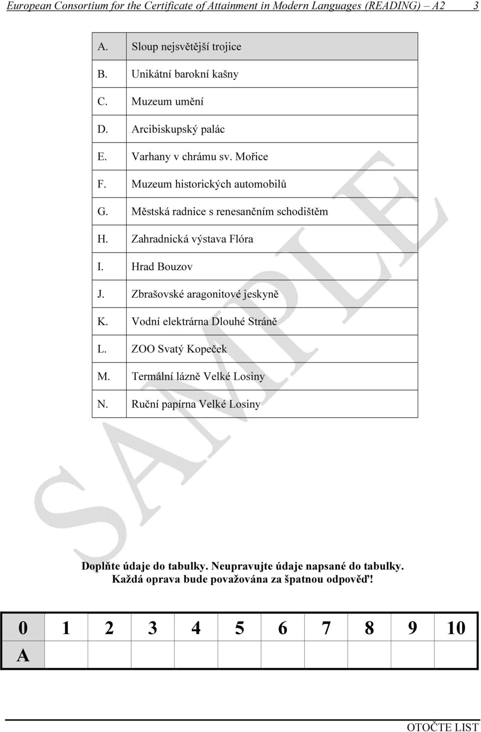 Zahradnická výstava Flóra I. Hrad Bouzov J. Zbrašovské aragonitové jeskyně K. Vodní elektrárna Dlouhé Stráně L. ZOO Svatý Kopeček M.