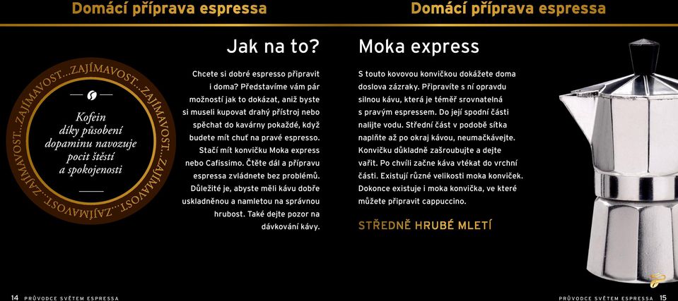 Stačí mít konvičku Moka express nebo Cafissimo. Čtěte dál a přípravu espressa zvládnete bez problémů. Důležité je, abyste měli kávu dobře uskladněnou a namletou na správnou hrubost.