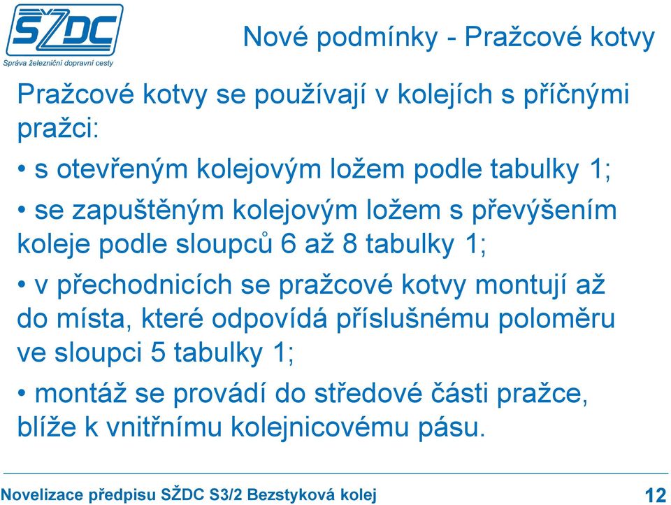 tabulky 1; v přechodnicích se pražcové kotvy montují až do místa, které odpovídá příslušnému poloměru