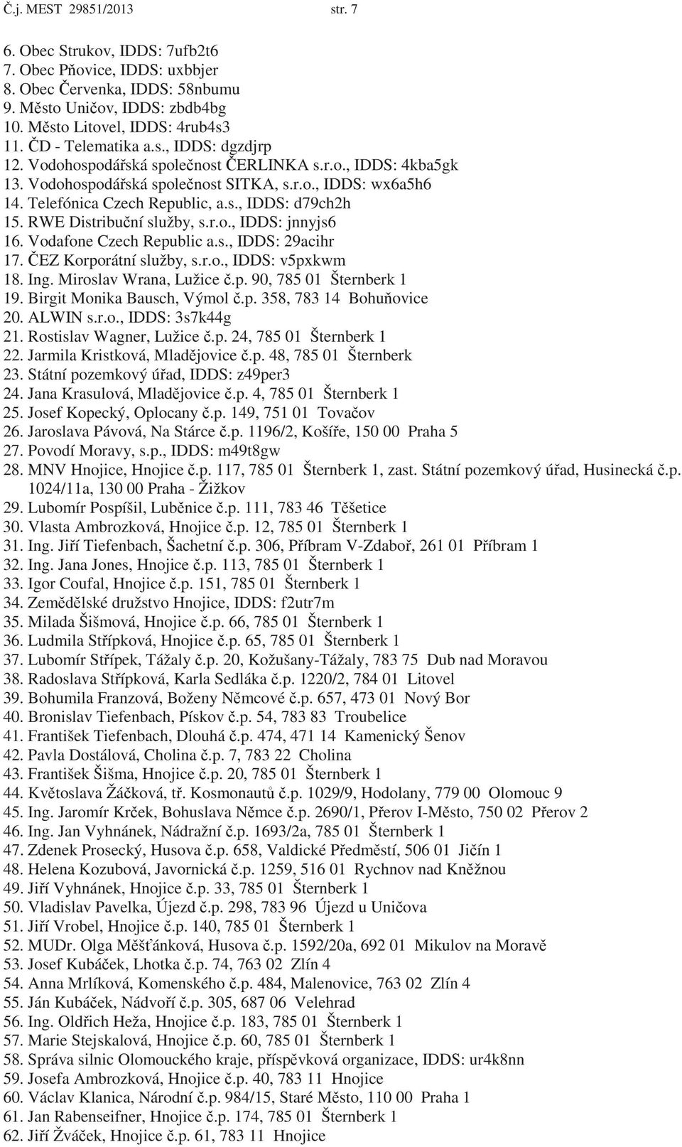 RWE Distribu ní služby, s.r.o., IDDS: jnnyjs6 16. Vodafone Czech Republic a.s., IDDS: 29acihr 17. EZ Korporátní služby, s.r.o., IDDS: v5pxkwm 18. Ing. Miroslav Wrana, Lužice.p. 90, 785 01 Šternberk 1 19.