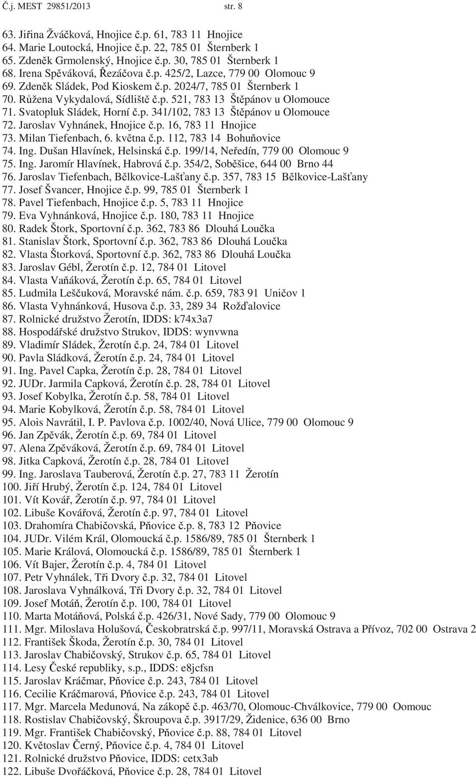 Svatopluk Sládek, Horní.p. 341/102, 783 13 Št pánov u Olomouce 72. Jaroslav Vyhnánek, Hnojice.p. 16, 783 11 Hnojice 73. Milan Tiefenbach, 6. kv tna.p. 112, 783 14 Bohu ovice 74. Ing.