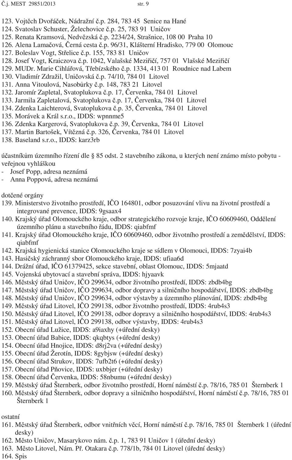 MUDr. Marie Cihlá ová, T ebízského.p. 1334, 413 01 Roudnice nad Labem 130. Vladimír Zdražil, Uni ovská.p. 74/10, 784 01 Litovel 131. Anna Vitoulová, Nasob rky.p. 148, 783 21 Litovel 132.