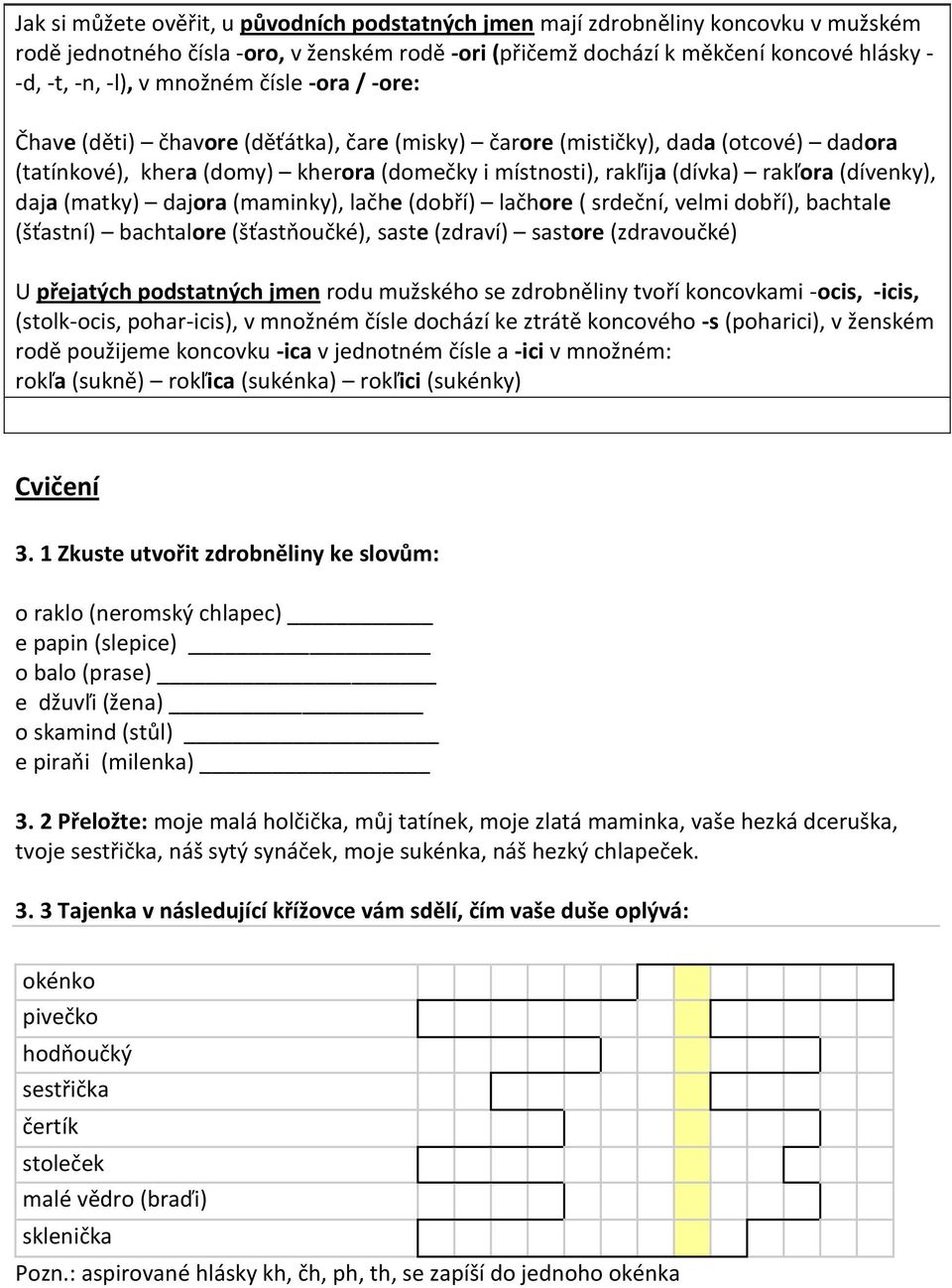 (dívenky), daja (matky) dajora (maminky), lačhe (dobří) lačhore ( srdeční, velmi dobří), bachtale (šťastní) bachtalore (šťastňoučké), saste (zdraví) sastore (zdravoučké) U přejatých podstatných jmen