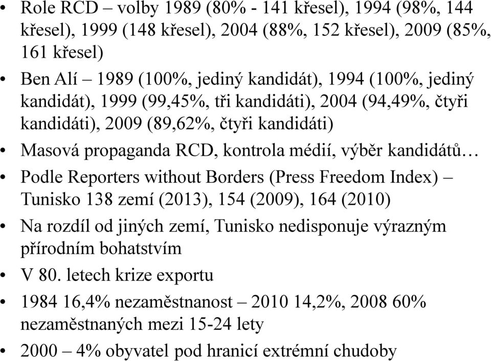 kandidátů Podle Reporters without Borders (Press Freedom Index) Tunisko 138 zemí (2013), 154 (2009), 164 (2010) Na rozdíl od jiných zemí, Tunisko nedisponuje výrazným
