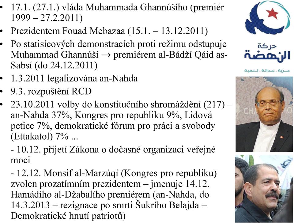 10.2011 volby do konstitučního shromáždění (217) an-nahda 37%, Kongres pro republiku 9%, Lidová petice 7%, demokratické fórum pro práci a svobody (Ettakatol) 7%... - 10.12.