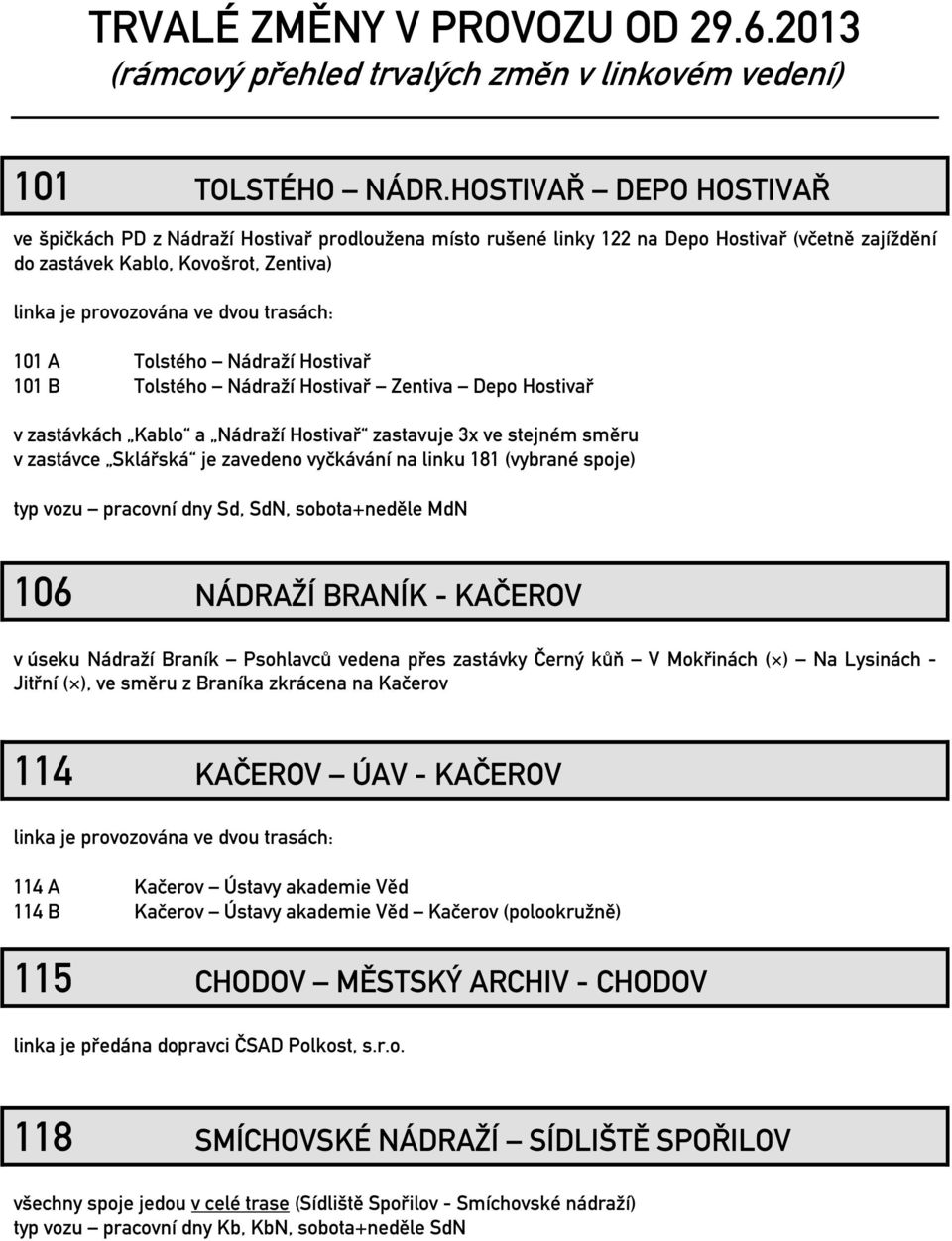 trasách: 101 A Tolstého Nádraží Hostivař 101 B Tolstého Nádraží Hostivař Zentiva Depo Hostivař v zastávkách Kablo a Nádraží Hostivař zastavuje 3x ve stejném směru v zastávce Sklářská je zavedeno