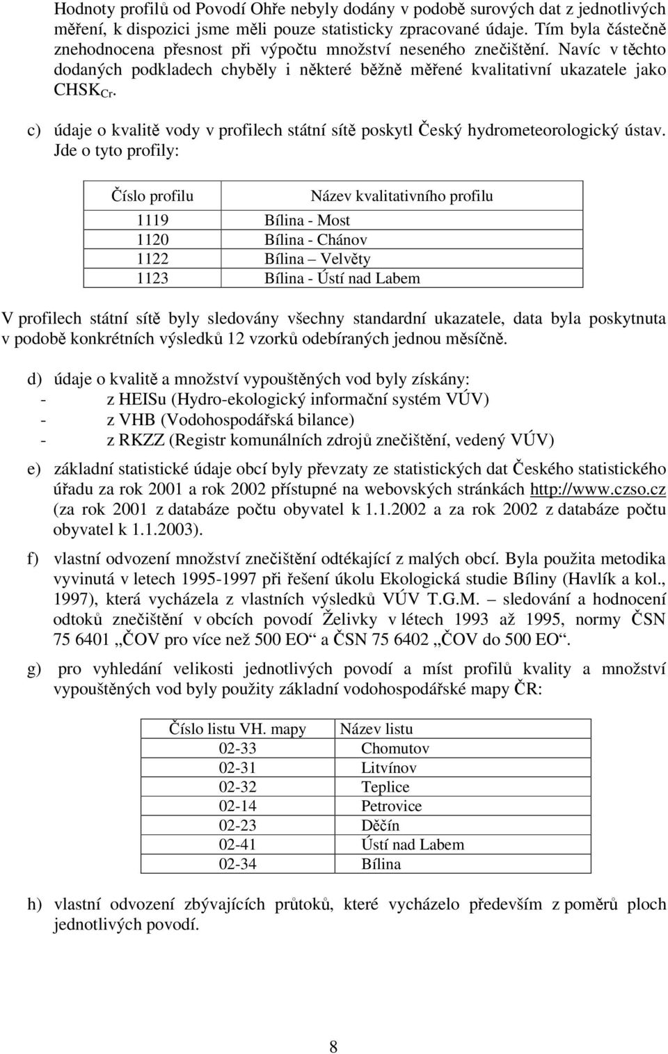 c) údaje o kvalit vody v profilech státní sít poskytl eský hydrometeorologický ústav.