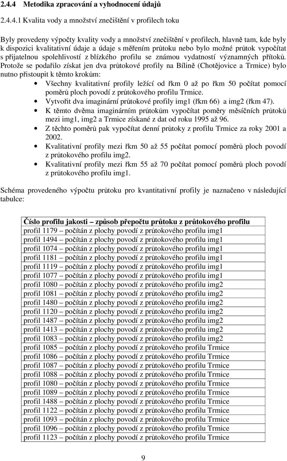 Protože se podailo získat jen dva prtokové profily na Bílin (Chotjovice a Trmice) bylo nutno pistoupit k tmto krokm: Všechny kvalitativní profily ležící od km 0 až po km 50 poítat pomocí pomr ploch