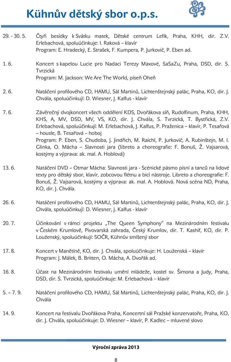 J. Chvála, spoluúčinkují: D. Wiesner, J. Kalfus - klavír 7. 6. Závěrečný dvojkoncert všech oddělení KDS, Dvořákova síň, Rudolfinum, Praha, KHH, KHS, A, MV, DSD, MV, VS, KO, dir. J. Chvála, S.