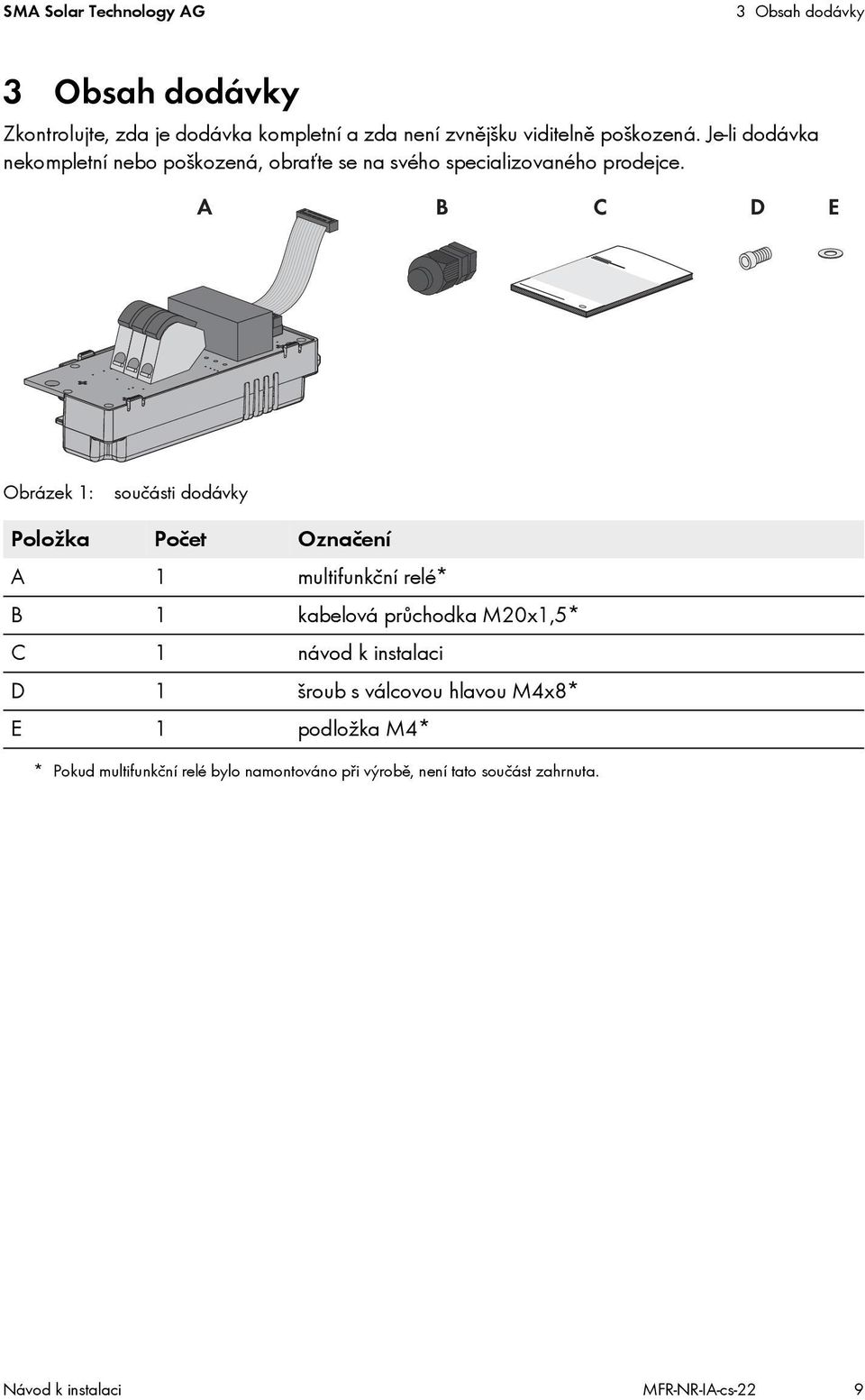 Obrázek 1: součásti dodávky Položka Počet Označení A 1 multifunkční relé* B 1 kabelová průchodka M20x1,5* C 1 návod k instalaci D