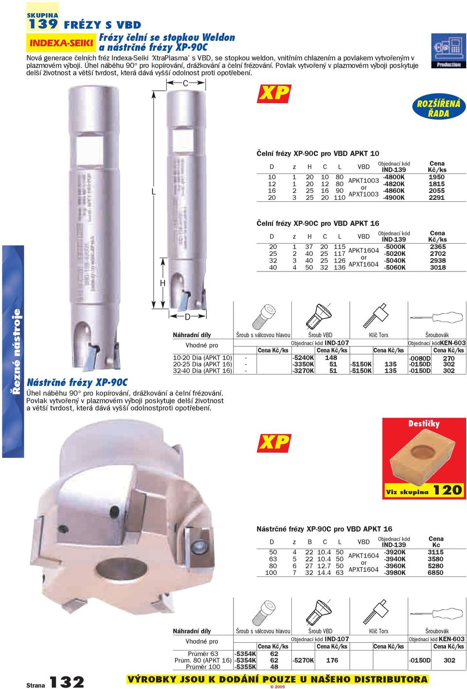 C XP L Čelní frézy XP-90C pro VBD APKT 10 D z H C L VBD IND-139 10 1 20 10 80-4800K 1950 12 1 20 12 80 APKT1003-4820K 1815 16 2 25 16 90 or -4860K 2055 20 3 25 20 110 APXT1003-4900K 2291 Čelní frézy