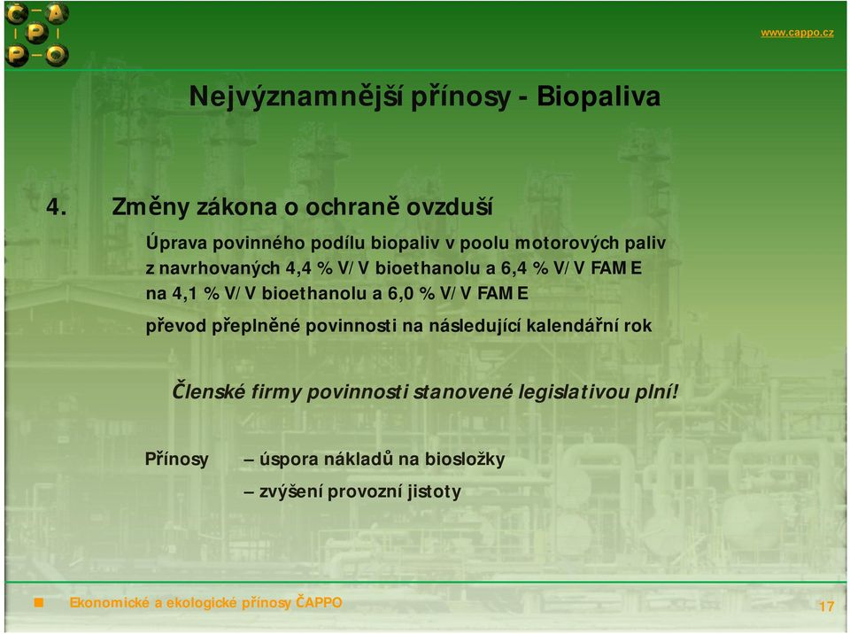 % V/V bioethanolu a 6,4 % V/V FAME na 4,1 % V/V bioethanolu a 6,0 % V/V FAME převod přeplněné povinnosti na