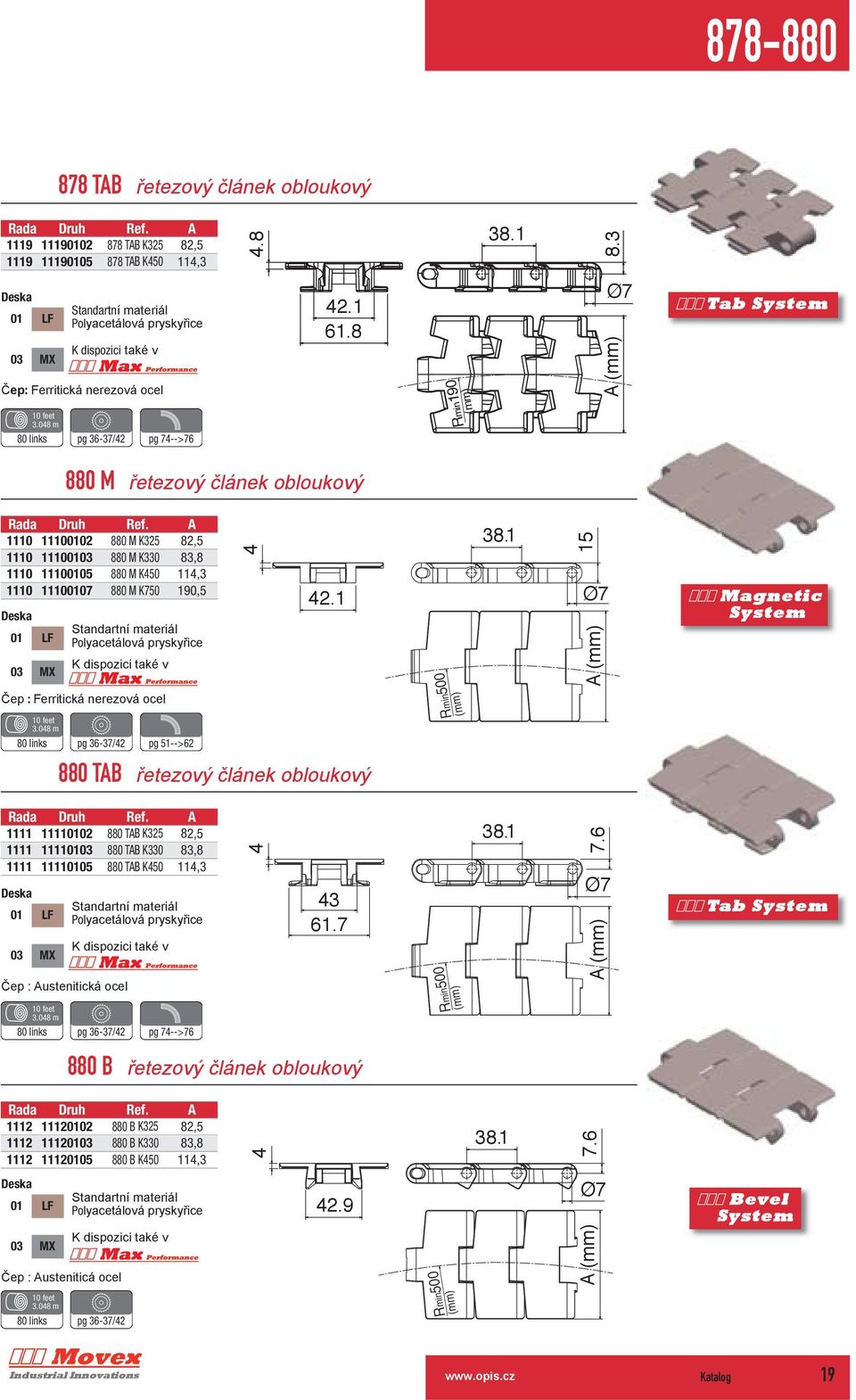 3 Ø7 Tab System Rmin190 (mm) 10 feet 3.048 m 80 links pg 36-37/42 pg 74-->76 880 M řetezový článek obloukový Rada Druh Ref.