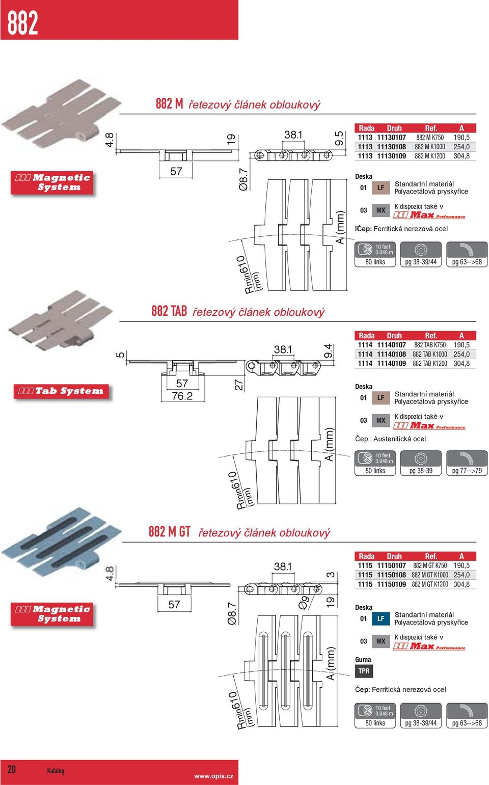 048 m 80 links pg 38-39/44 pg 63-->68 Rmin610 (mm) 882 T řetezový článek obloukový 5 38.1 9.4 Rada Druh Ref. 14 07 14 08 14 09 882 T K750 882 T K1000 882 T K10 190,5 4,0 4,8 Tab System 57 76.
