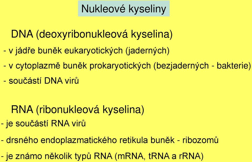 součástí DNA virů RNA (ribonukleová kyselina) - je součástí RNA virů - drsného