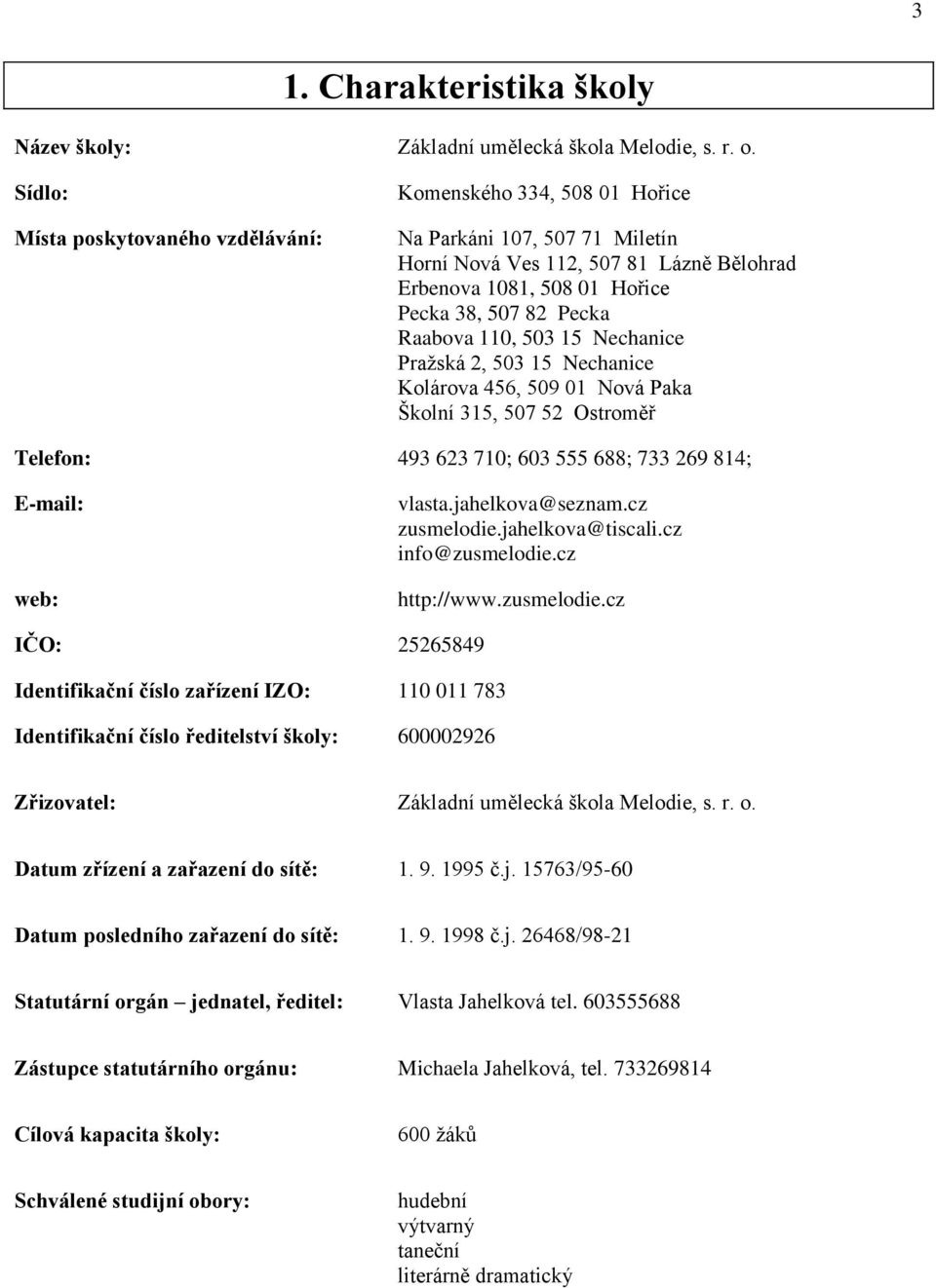 Raabova 110, 503 15 Nechanice Pražská 2, 503 15 Nechanice Kolárova 456, 509 01 Nová Paka Školní 315, 507 52 Ostroměř Telefon: 493 623 710; 603 555 688; 733 269 814; E-mail: web: vlasta.