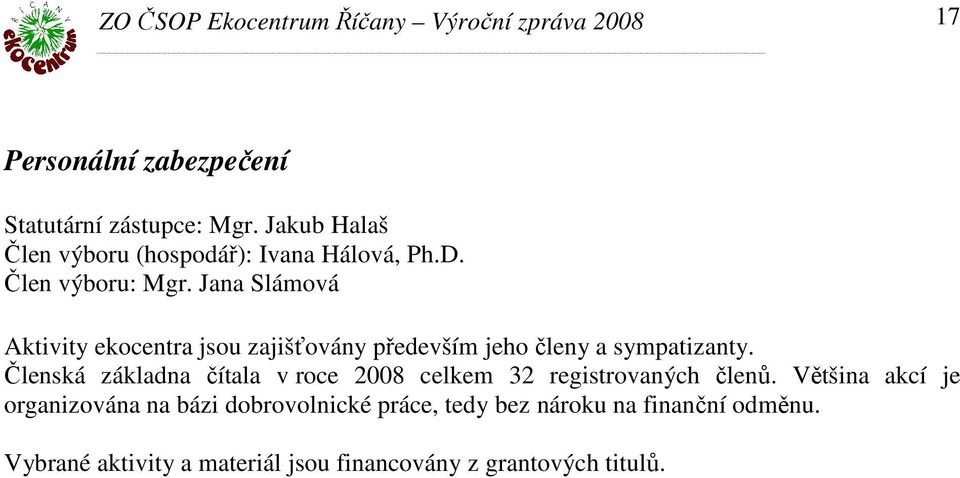 Členská základna čítala v roce 2008 celkem 32 registrovaných členů.