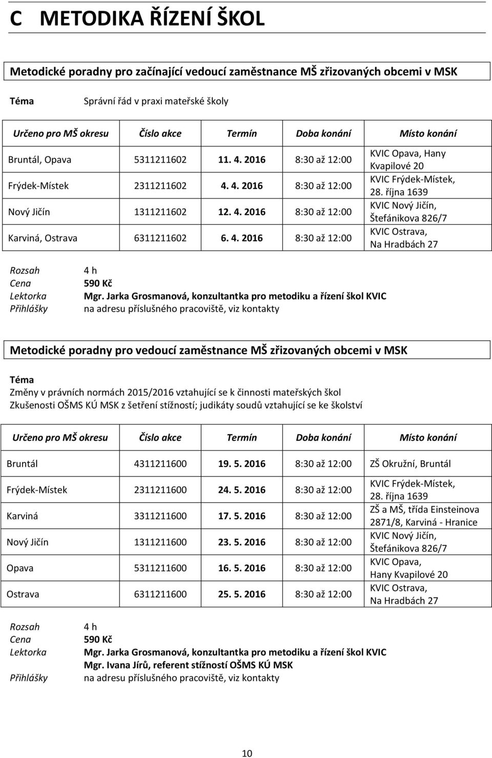 října 1639 KVIC Nový Jičín, Štefánikova 826/7 KVIC Ostrava, Na Hradbách 27 Rozsah Lektorka Přihlášky 590 Kč Mgr.